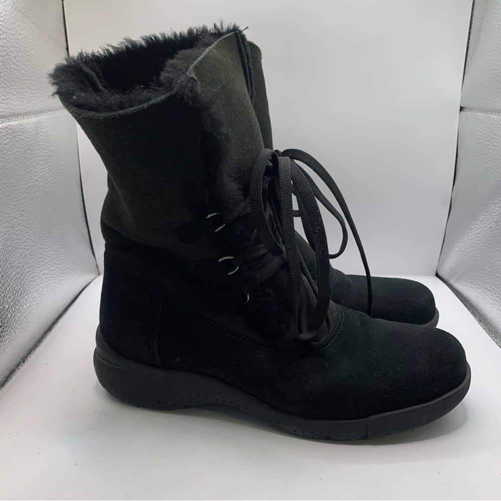 La Canadienne Boots Womens 7.5M Black Leather Shearling Lined Wedge Lace Up Tall